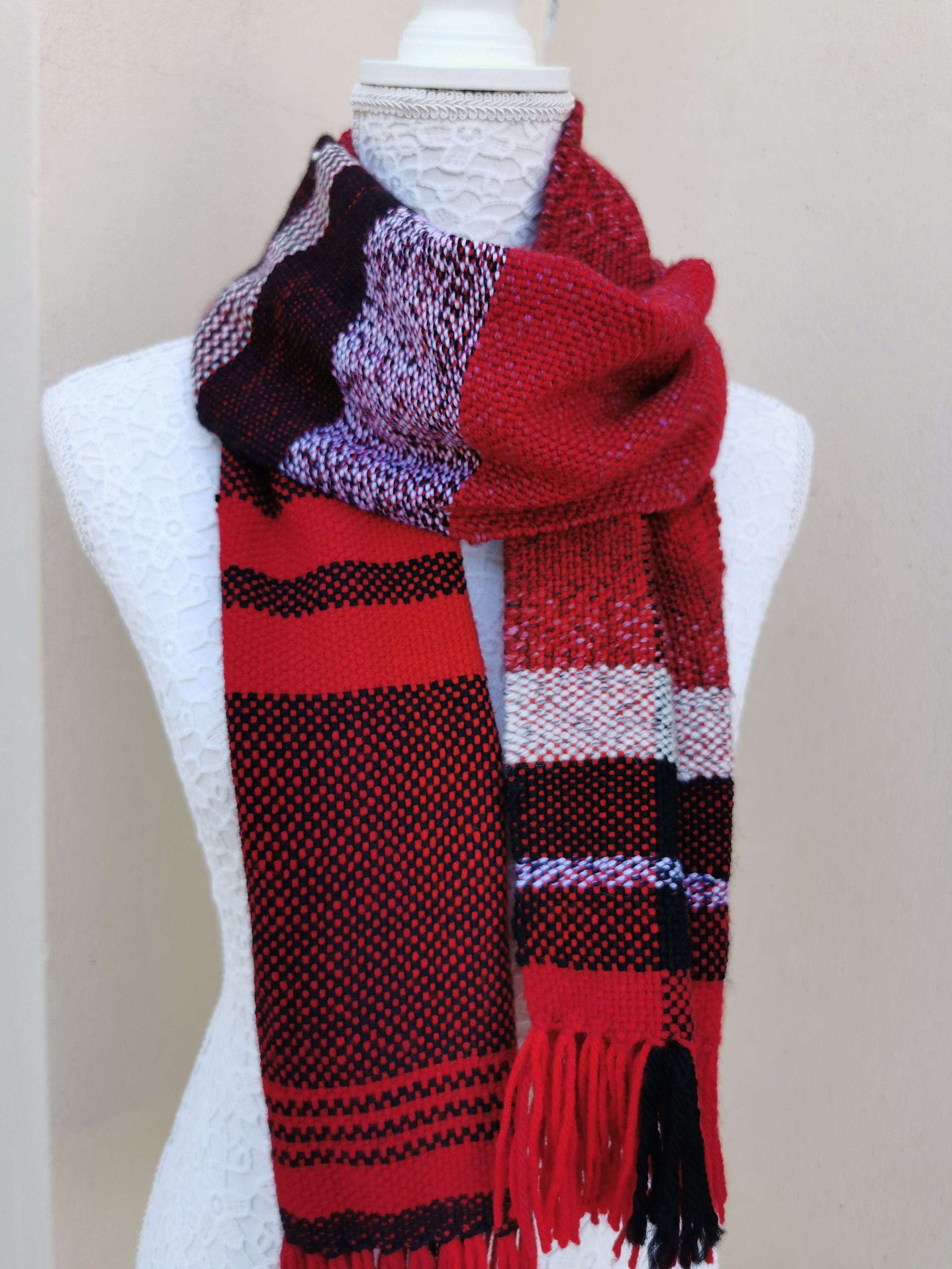 Red scarf handmade handwoven scarf women striped red black Etsy
