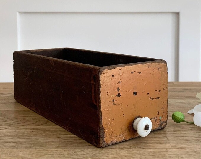 Antique Long Wood Organizer Storage Box Bin White Ceramic Knob Divided ...