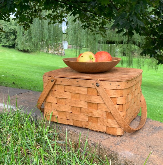 Vintage Handmade Woven Wood Picnic Basket With Lidsimple Etsy