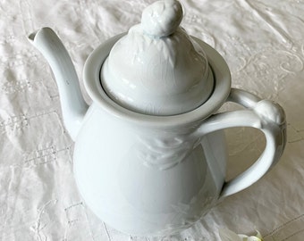 Antique White Leaf Acorn Unmarked Ironstone Teapot,Shabby Chic Rustic Cottage Farmhouse,Gift under 200