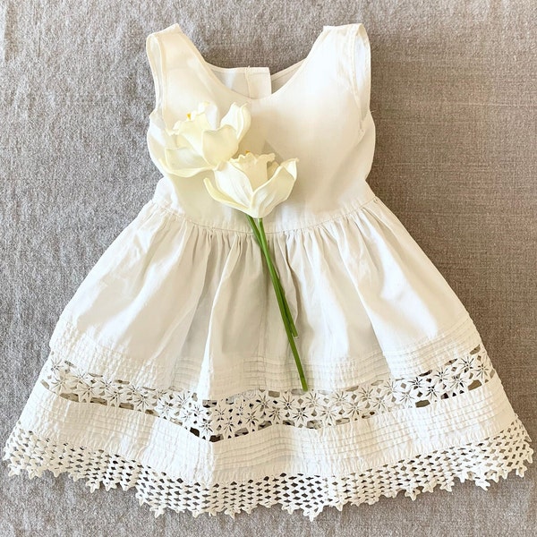 Vintage Off White Sleeveless Pleated Lace Edge Baby Dress,Shabby Chic Rustic Cottage Farmhouse Nursery Decor,Gift under 30