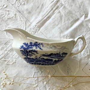 Antique Blue Flow Transferware Silverdale Pastoral Ironstone Gravy Boat,Cottage Farmhouse Shabby Chic Rustic,Made in England,Gift under 30