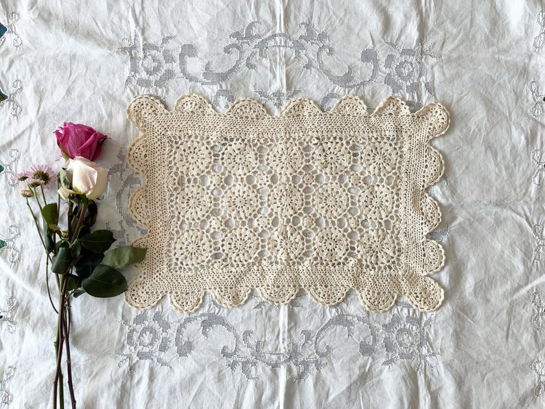 Vintage Neutral Beige Rectangular Crochet Doily,simple Rustic Primitive ...