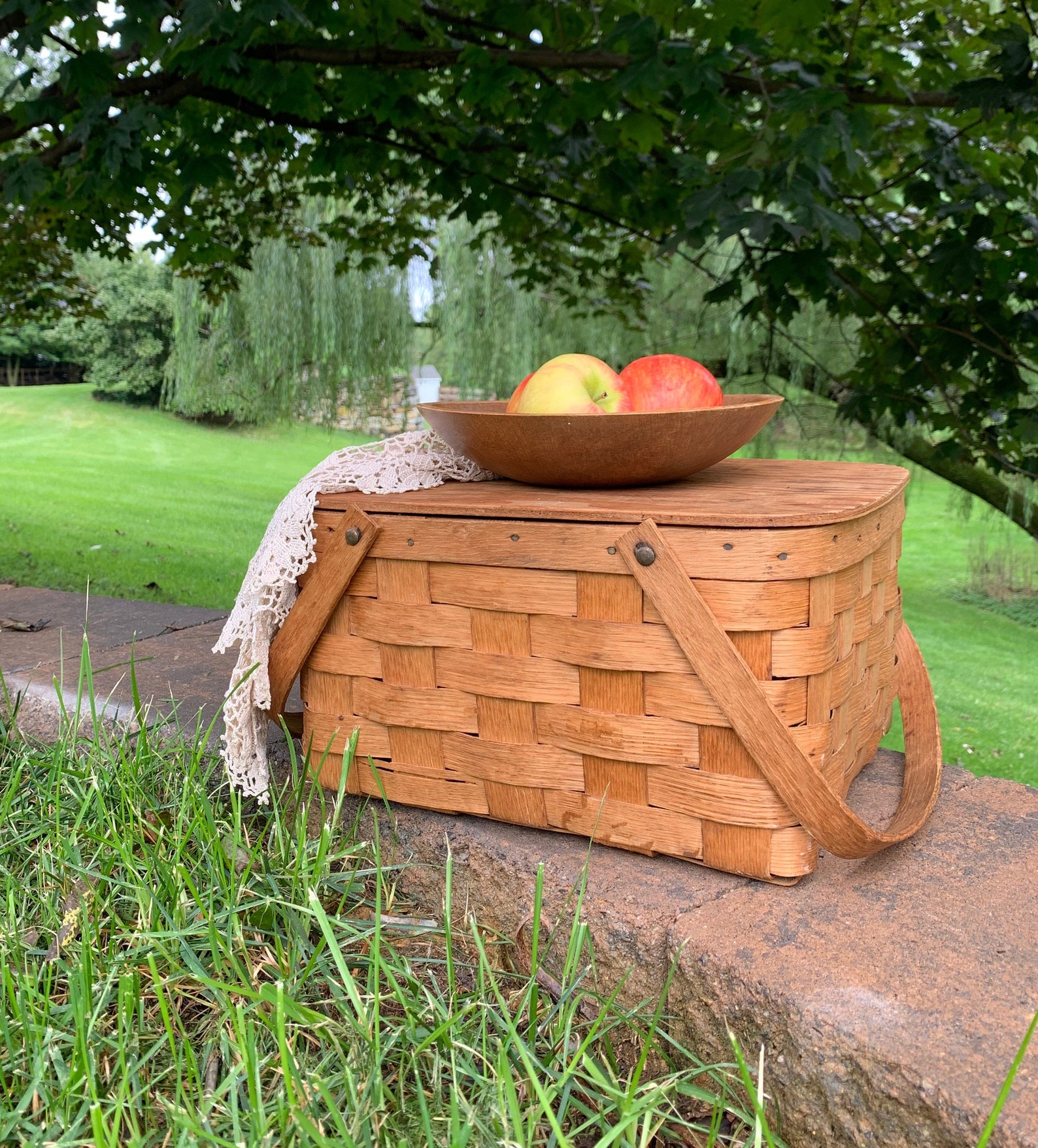 Vintage Handmade Woven Wood Picnic Basket With Lidsimple Etsy