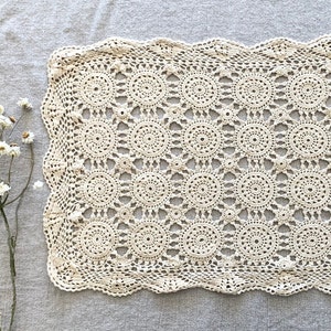 Vintage Neutral Beige Crochet Rectangular Dresser Scarf Table Runner,Cottage Farmhouse Rustic Shabby Chic,Gift under 30