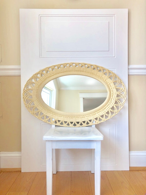 Vintage Mirror Cream Faux Wood Wall Hanging Boho Decor Bohemian Style Large Oval Off White Retro