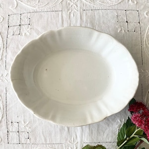 Antique White Stone Ironstone Fluted Edge Oval Serving Vegetable Dish Bowl,Shabby Chic Rustic Cottage Farmhouse,Gift under 50