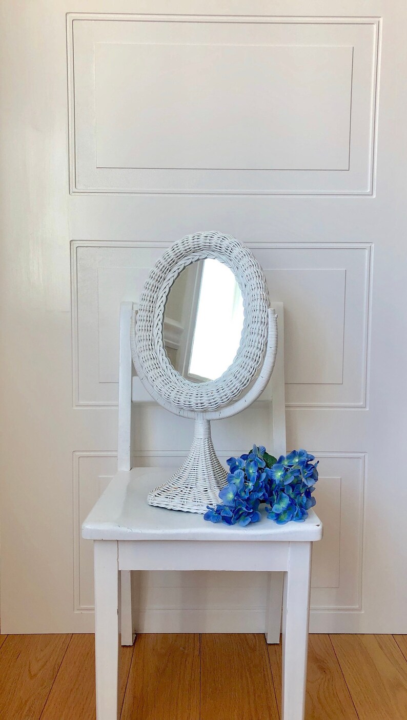 Vintage Mirror Vanity Wicker Table Standing Stand White Portable Adjustable