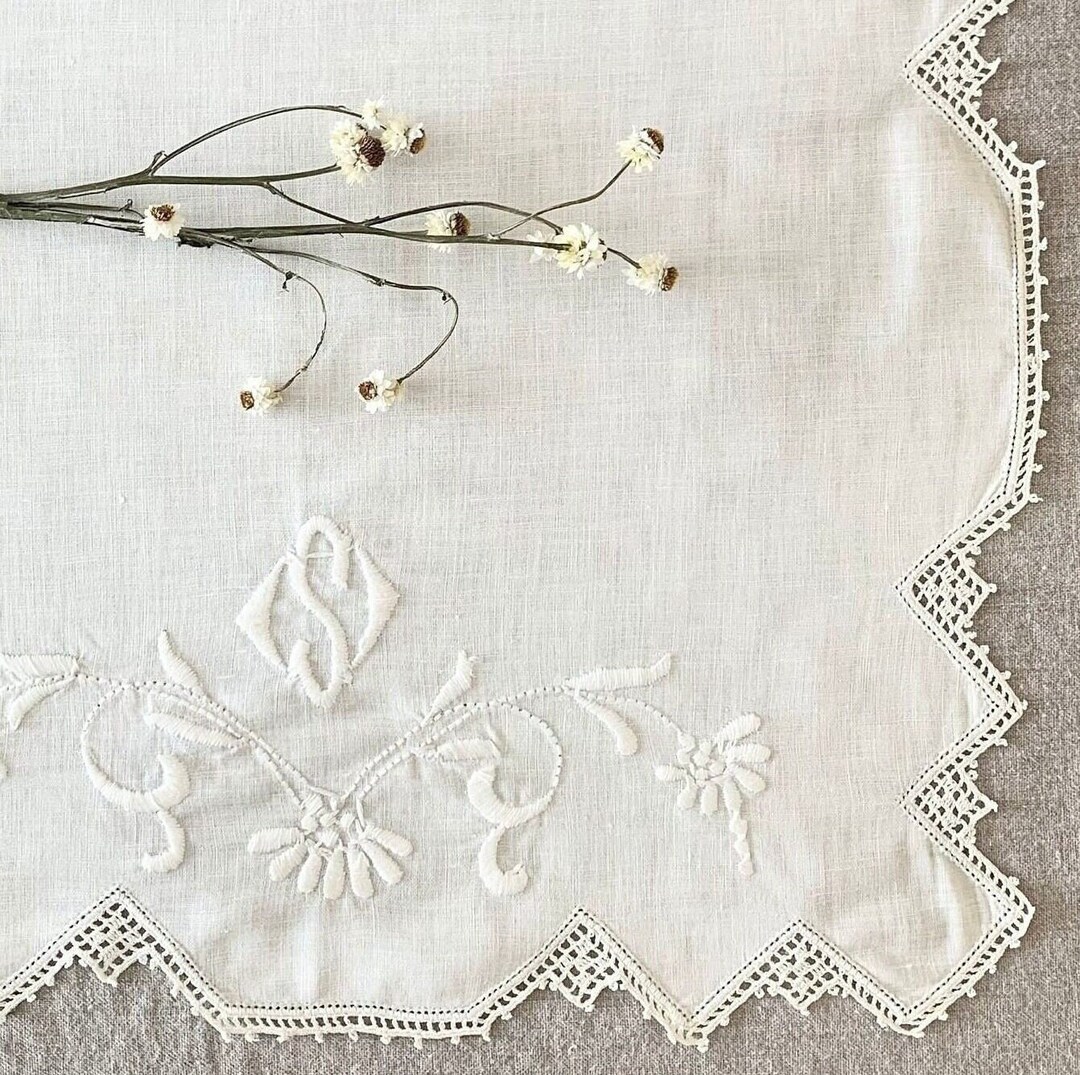 Vintage Hand Stitched off White Monogrammed S Embroidered Dresser Scarf Table Square,cottage ...
