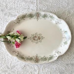 Antique White Pink Green Oval Floral Ironstone Serving Platter,Shabby Chic Rustic Cottage Farmhouse,Gift under 100