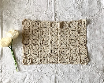 Vintage Beige Neutral Rectangular Crochet Doily,Cottage Farmhouse Rustic Shabby Chic Decor,Gift under 30