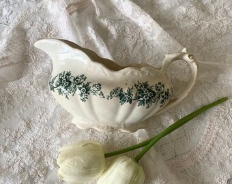 Antique Distressed Stained Crazed White Green Floral Ironstone Buffalo Pottery Gravy Boat,Cottage Farmhouse Shabby Rustic,Gift under 60