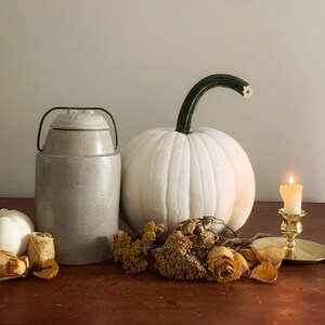 May include: A white pumpkin with a long green stem, a white ceramic jar with a lid and a metal handle, a small white pumpkin, a brass candlestick with a lit candle, and dried flowers on a brown wooden surface.