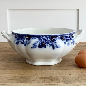 Antique Lidless White Blue Flow John Maddock & Sons Vegetable Tureen,Shabby Rustic Cottage Farmhouse Decor,Made in England,Gift under 50