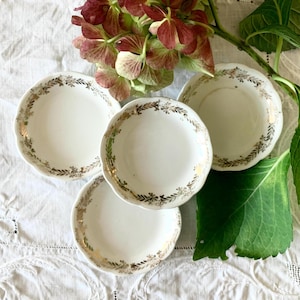 SET of 4 Vintage Gold White Round Floral Porcelain Butter Pats,Cottage Farmhouse Shabby Chic Rustic Decor,Gift under 100