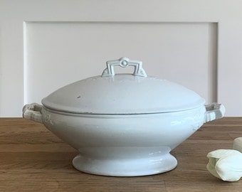 Antique White Ironstone Burgess & Goddard Serving Dish Footed Tureen with Lid,Cottage Farmhouse,Made in England,Gift under 100