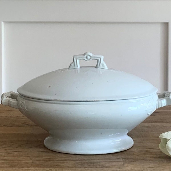 Antique White Ironstone Burgess & Goddard Serving Dish Footed Tureen with Lid,Cottage Farmhouse,Made in England,Gift under 100