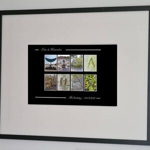 Individueel gepersonaliseerd huwelijkscadeau voor bruid en bruidegom met naamfoto met namen en datum van bruid en bruidegom