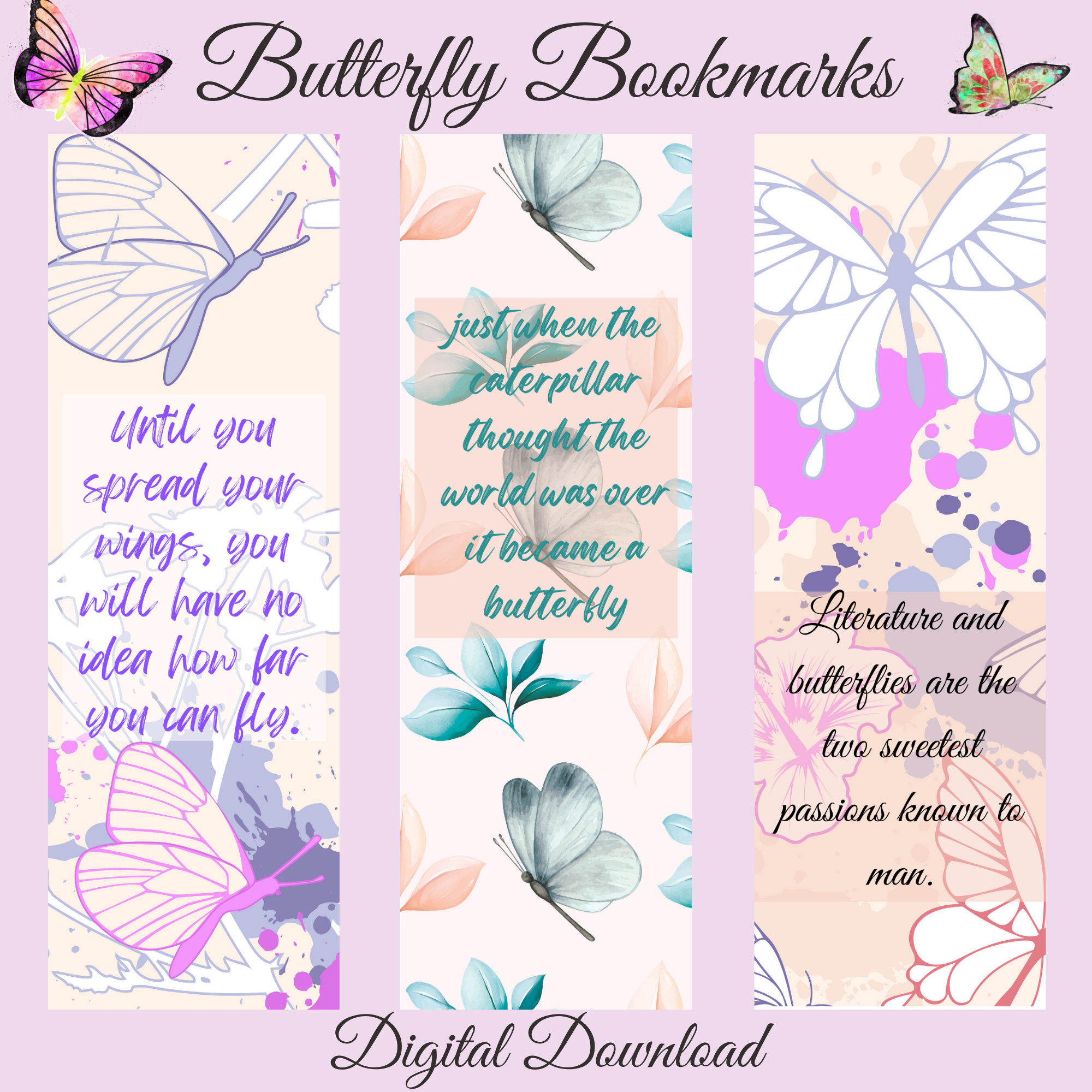 Butterfly Bookmarks Set – Inspirational Quotes, Reading Gift (digital ...