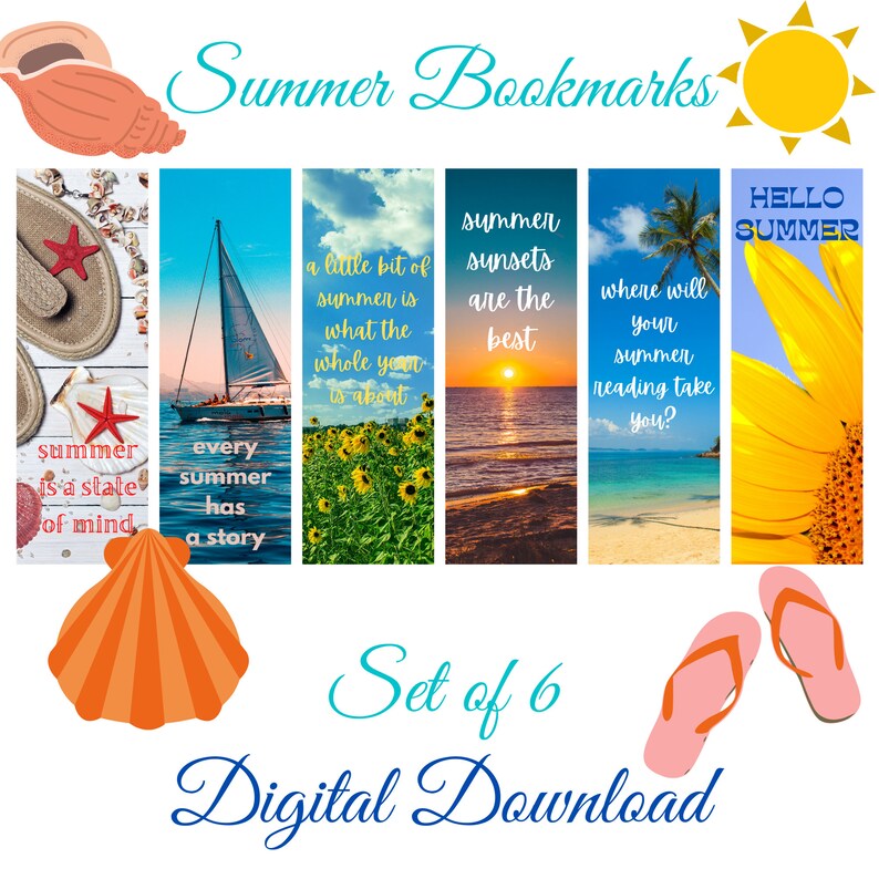 Printable Bookmarks, Bookmark Set, Digital Bookmarks, Summer Theme