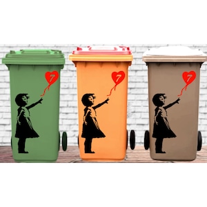 3 x Stickers personnalisés pour poubelles à roulettes, fille Banksy avec ballon, style graffiti urbain