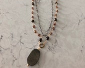 Handmade Peruvian blue opal, bronze crystal and labradorite long necklace with pyrite focal and FREE matching earrings