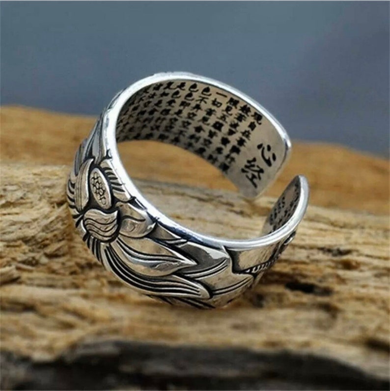Plated Silver Engraved Sutra Buddhist Mantra Lotus Ring.