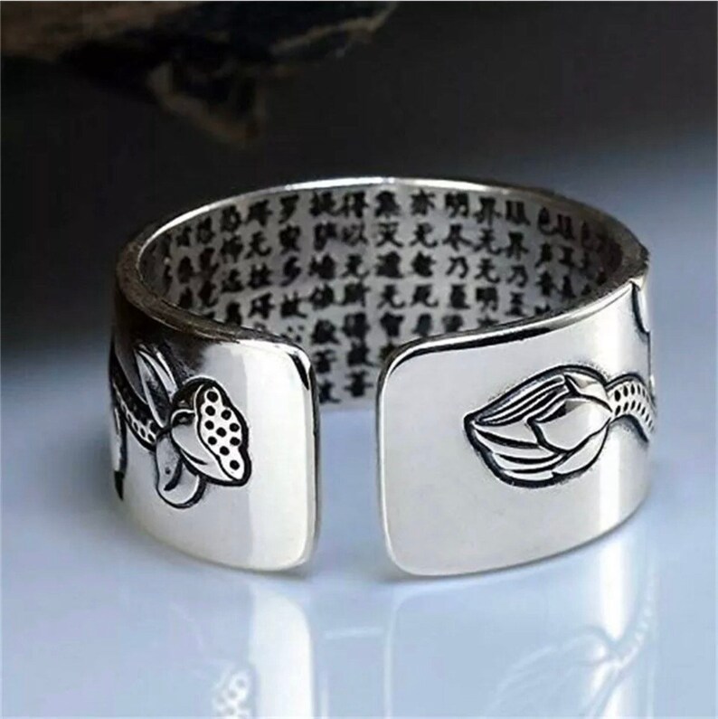 Plated Silver Engraved Sutra Buddhist Mantra Lotus Ring.