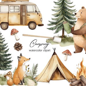 Akwarela Camping Zwierzęta Clipart | Las Niedźwiedź i Lis PNG | Leśna Przygoda Piesza | Namiot Ognisko Van | Dziecięcy Las Clipart