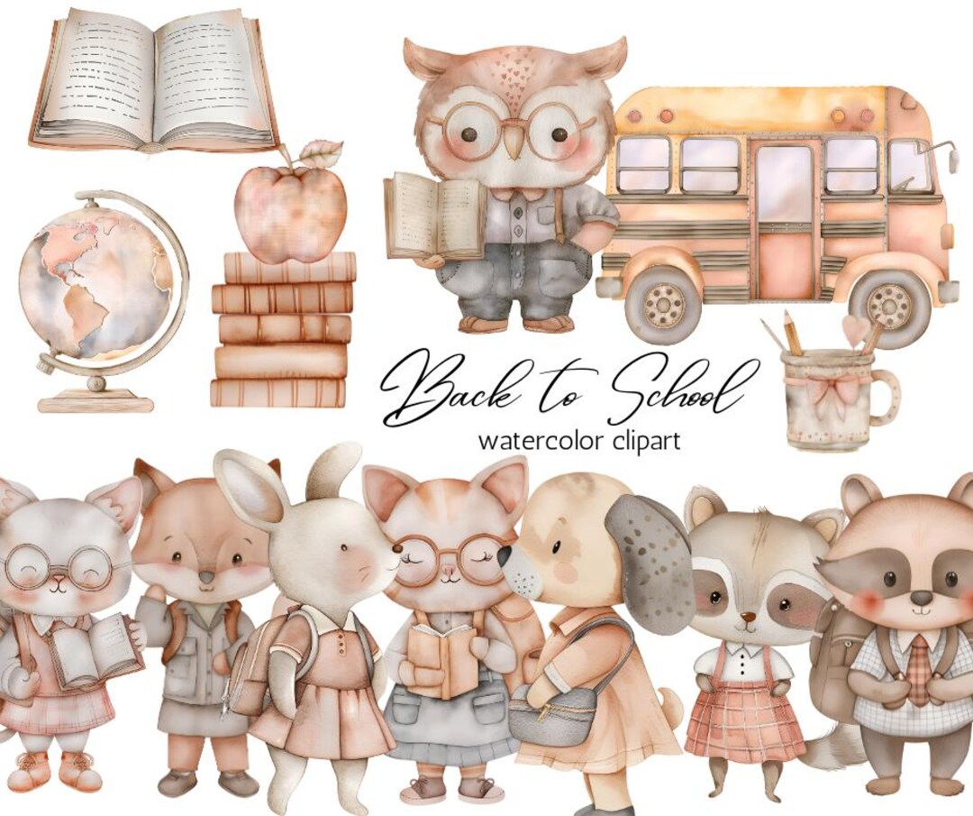 Back to School Watercolor Clipart – Cute Animals, School Bus, Books ...