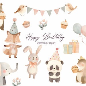 Clipart de animais de aniversário em aquarela - Ilustrações de animais da floresta em PNG, decoração de berçário, elementos de festa, chapéus, bolos e cupcakes