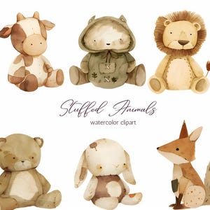 Animais de pelúcia vintage clipart da floresta - conjunto de animais em aquarela PNG - ilustrações fofas de berçário, urso, raposa, elefante, leão, guaxinim