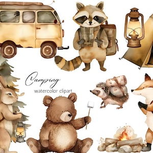 Clipart animaux de camping à l'aquarelle | Ours et renard des forêts PNG | Aventure de randonnée dans les bois | Tente de feu de camp | Clipart forêt pour enfants