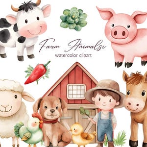 Süße Bauernhof Tiere Aquarell Clipart Set - PNG Tier Illustrationen, Kinderzimmer Dekor, Baby Shower Digital, Gartenelemente, Kuh, Schwein, Scheune