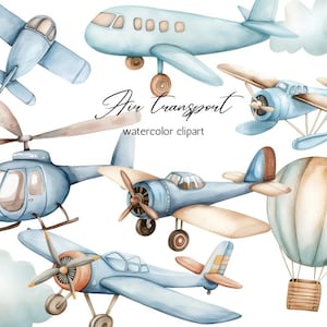 Aquarel vliegtuig clipartbundel, vintage luchtvaart PNG, pilot kinderen clipart, heteluchtballon, babyshower decor, kinderkamer reisthema