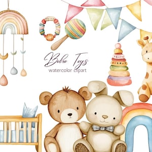 Aquarela Boho Brinquedos de Bebê Clipart - PNG Ilustrações Fofas de Quarto de Bebê, Decoração de Berçário, Chá de Bebê Boho, clipart de cavalo de balanço vintage para recém-nascidos