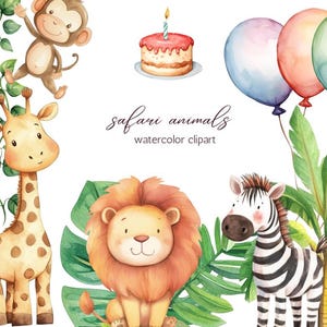 Watercolor Birthday Safari Animals Clipart - PNG Jungle Animal Illustrations, Nursery Decor, Jungle Plants, Party Elements, Hats, Cakes