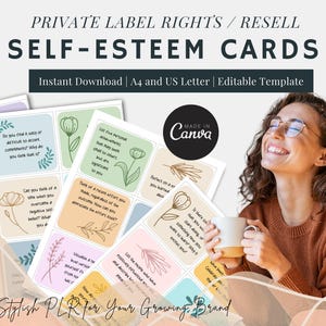 Self-Esteem Prompt Cards for adults, Printable, Editable Template, Guided, Writing Prompts, Self-Reflection, Growth, PLR, Commercial Use