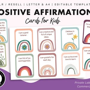 Cartões de Afirmações Positivas para Crianças, Revenda PLR, Modelo Editável, Canva, Afirmações para Crianças, Positividade, Uso Comercial, PDF para Impressão