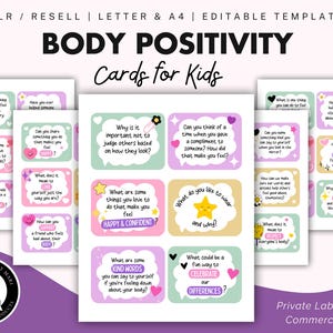 Schede di body positivity per bambini, stampabili, modello modificabile, Canva, salute mentale, conversazione guidata, uso commerciale, rivendita PLR, PDF