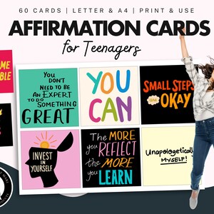 60 Affirmation cards for Teens, Positivity, Coping Skills, Calming, Grounding, Encouragement, Mental Health, SEL, Printable Cards, Teenager