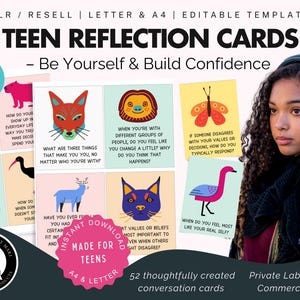 52 Reflection Cards for Teens, Printable Conversation Starters Teens, Peer Pressure, Values, Identity, Editable Template, PLR, Resell, SEL