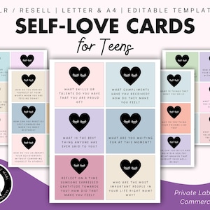 Zelfliefdekaarten voor tieners, commercieel gebruik, PLR doorverkopen, afdrukbare en bewerkbare sjabloon, schrijven met instructies, gesprek, geestelijke gezondheid tiener