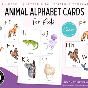 Tieralphabetkarten, ABC-Karteikarten, Montessori-Materialien, pädagogisch, A bis Z, sofortiger Download, bearbeitbare Vorlage, kommerzielle Nutzung, PLR,