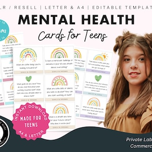 Mental Health Cards for Teens, Commercial Use, Printable and Editable Template, Guided Writing, Conversation, Mental-Health Kids, PLR Resell
