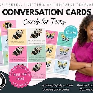 114 Teen Conversation Cards, Prompts for Emotional Growth and Everyday Resilience, PLR Resell, Editable Template, Conversation Cards, SEL
