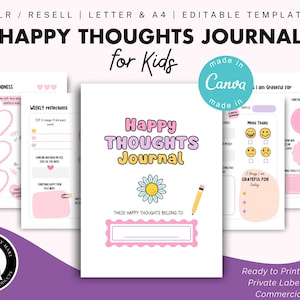 Diario dei pensieri felici con suggerimenti, PLR Resell, PDF, stampabile, modello modificabile, Canva, quaderno di lavoro sulla gratitudine, scrittura guidata per bambini, SEL