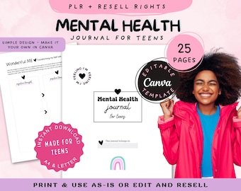 Teen Mental Health Journal, Self-Esteem, Anxiety Relief Activity, Instant download (Editable, Canva, PLR)