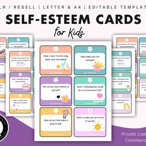 Schede di autostima per bambini, PLR rivendibili, modello modificabile, Canva, felicità, mentalità positiva, schede con domande, uso commerciale, PDF stampabile