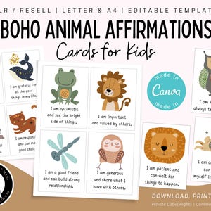 Tarjetas de afirmación de animales bohemias para niños, mentalidad positiva, regulación emocional, imprimibles Montessori, reventa PLR, plantilla editable
